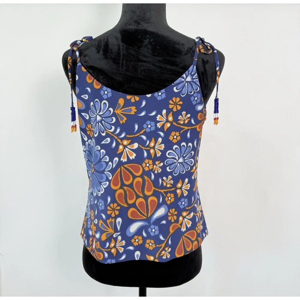 Sigrid Olsen Retro Floral Cami Tank Small Tie Strap Summer Vacation Top Folk Art - Picture 3 of 7